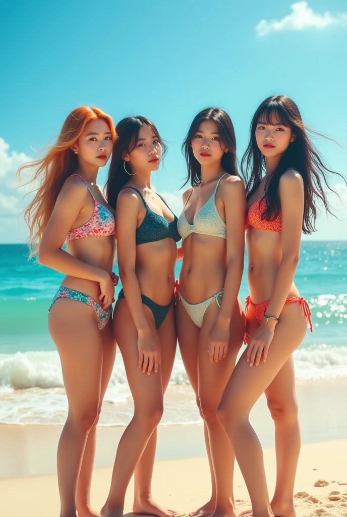 4 young kpop Idol girls are on the beach and wearing bikinis (1 person with long, slightly red blonde hair and has English facial features,and American Europe and have a tall body,blue eyes) (black hair in a ponytail) (one person with short black hair shoulder length and bangs). (full body photo)they face the camera while posing beautifully
