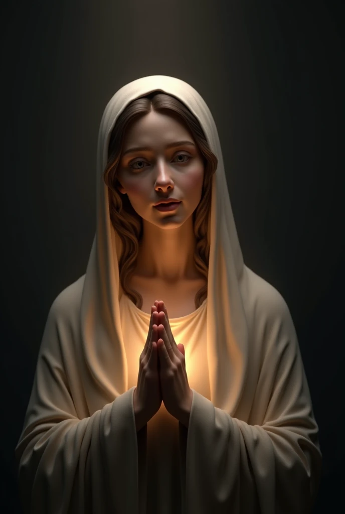 Virgin mary praying 4k image as in dark background and facing as in 75 degree angle,eyes open, plesent face