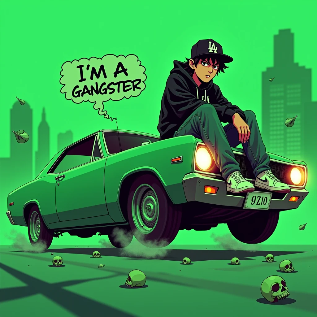 Image of a man sitting on the bonnet of a car, Yoshihiko Wada's album cover, winner of the behance contest, Doodle, official artwork, rap album cover, hip - hop album art cover, colored album art, hip hop music album cover, rap album cover art, official fanart, GTA Cover, hip hop album cover, album art cover, Cartoon character, oriental boy, Running car, Green background, green tea, Deep pressed black LA ball cap, white nike shoes, Black LA Hoodie, Baggy jeans worn down, black neighborhood, Skull, drug, The city seen from behind, korean, white smoke, Headlight light, Troublemakers, Bad boy, A lot of money flying around, Write I'm a gangster like a character speech bubble, mischievous expression
