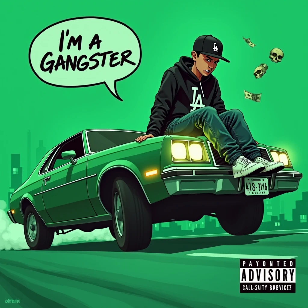 Image of a man sitting on the bonnet of a car, Yoshihiko Wada's album cover, winner of the behance contest, Doodle, official artwork, rap album cover, hip - hop album art cover, colored album art, hip hop music album cover, rap album cover art, official fanart, GTA Cover, hip hop album cover, album art cover, Cartoon character, oriental boy, Running car, Green background, green tea, Deep pressed black LA ball cap, white nike shoes, Black LA Hoodie, Baggy jeans worn down, black neighborhood, Skull, drug, The city seen from behind, korean, white smoke, Headlight light, Troublemakers, Bad boy, A lot of money flying around, Write I'm a gangster like a character speech bubble, mischievous expression