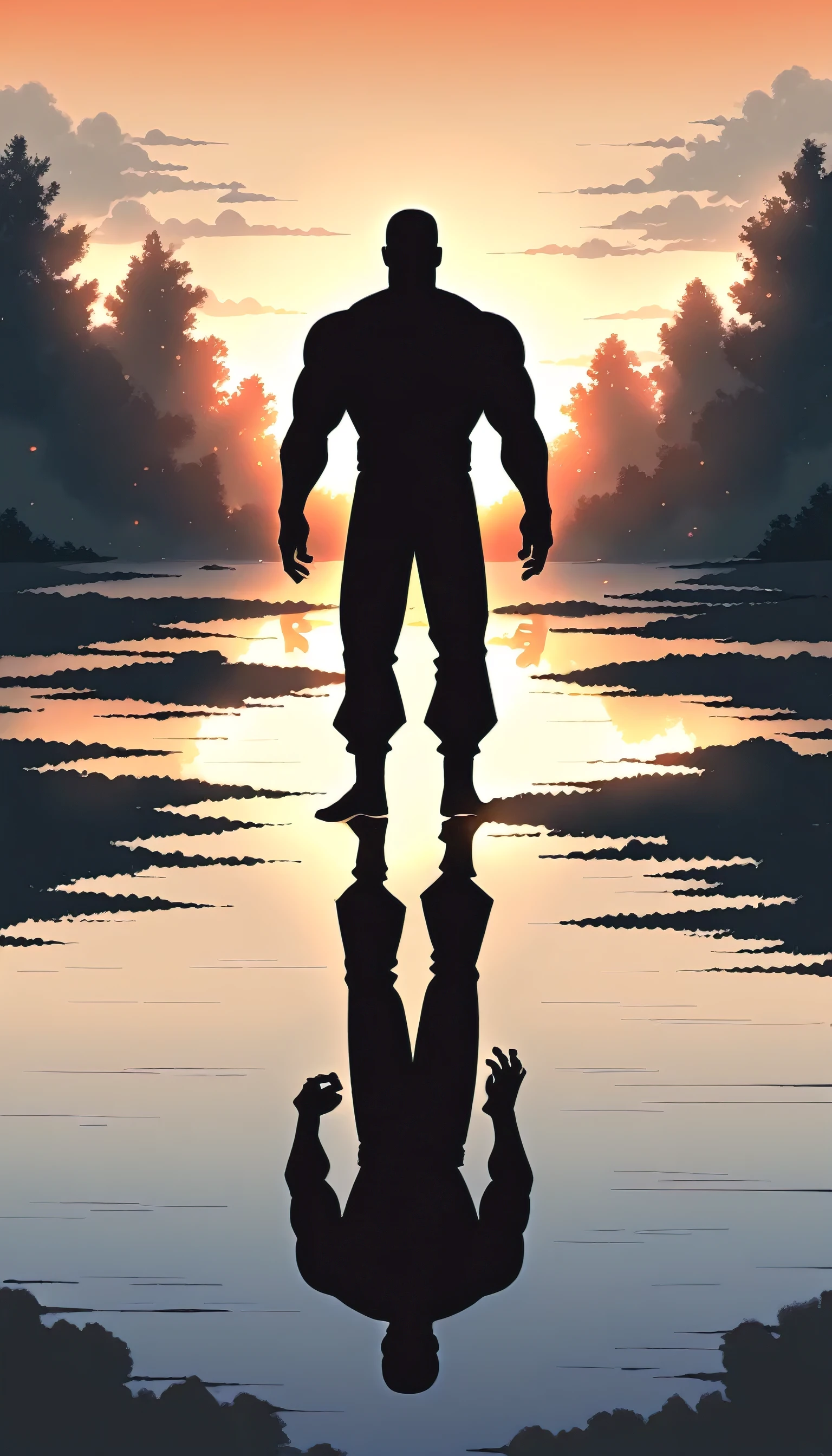 A Strong Buddhist muscular man stands in the smoke, Black jumpsuit, Very tight, Silhouette effect, Tall muscular man, Priapus, Dark Black, Dark black skin, Buzz Cut, His muscles are very developed, Very tall, short hair, Blend into the smoke, Lake, Reflection, Sunset, Sunset, Man silhouette, Chinese, black and white, Simple style
