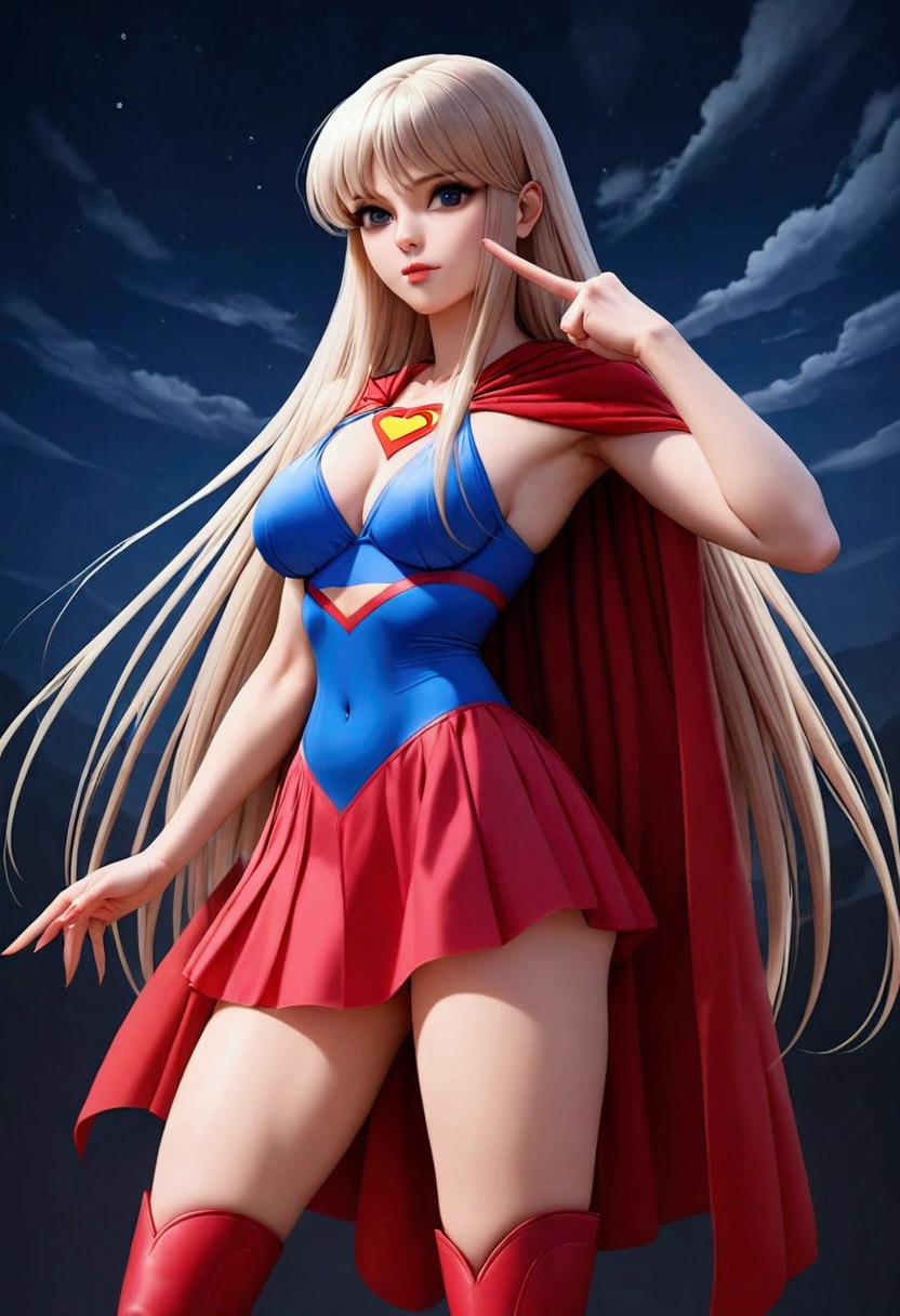beautiful lighting,best quality,cabelo roxo,absurdrez,master part,ultra highres,photorrealistic, sexy model pose, fotografia de fully body,delicate elegance,fully body, 1 girl, Kido_saori,(usando cosplay da Supergirl, red cloak, S for Superman on chest, blue swimsuit, Red skirt, red boots)