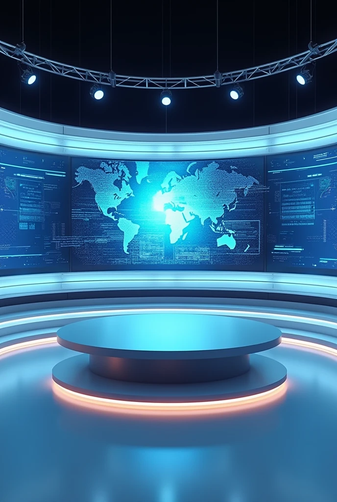 An image that looks like a news broadcast,It contains a large curved electronic screen,No characters in it,There is only one scene,There is also a table,The table is in front of the screen