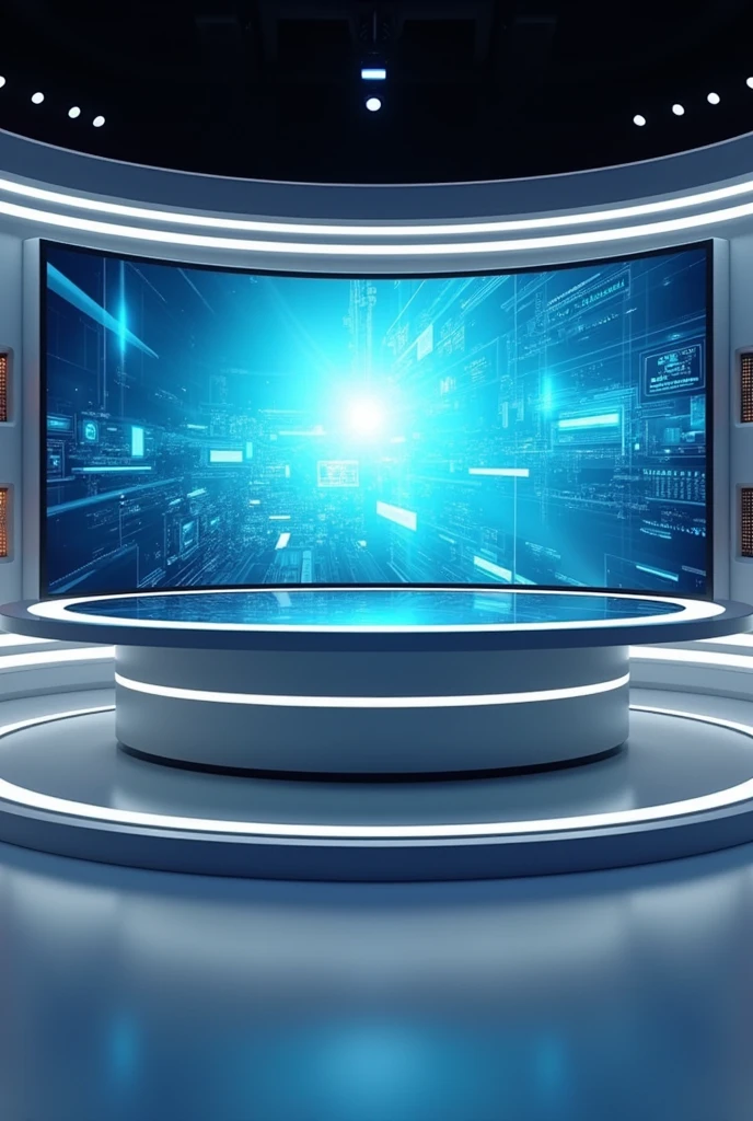 An image that looks like a news broadcast,It contains a large curved electronic screen,No characters in it,There is only one scene,There is also a table,The table is in front of the screen
