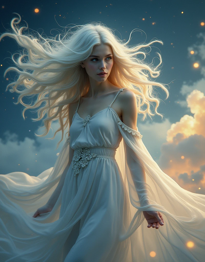 Highest quality、Very delicate、Long Hair、Fantasy、beautiful、ephemeral、Loose、cute、hope、Dynamic Cloud、Silver Marble Skin、uniform、night、Golden light