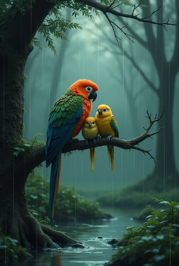 Four birds(one mother birds with others two birds are child)(many colours)on the branch of tree in rainy day in sad moments background is forest tree , bottom of tree water store in many pond, this image looks like long distance.