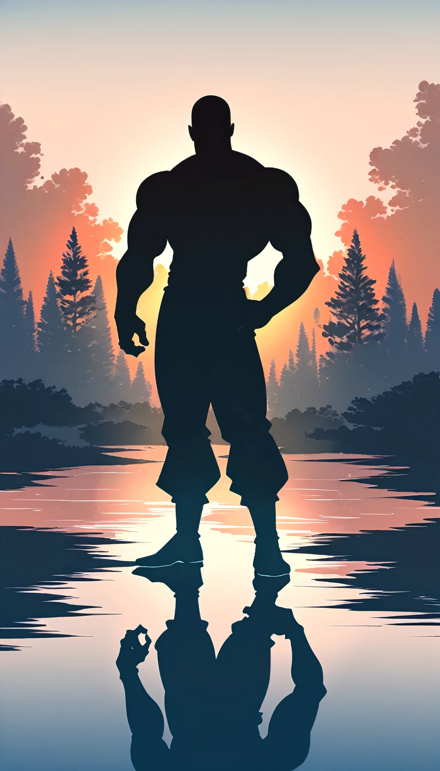A Strong Buddhist muscular man stands in the smoke, Black jumpsuit, Very tight, Silhouette effect, Tall muscular man, Priapus, Dark Black, Dark black skin, Buzz Cut, His muscles are very developed, Very tall, short hair, Blend into the smoke, Lake, Reflection, Sunset, Sunset, Man silhouette, Chinese, black and white, Simple style