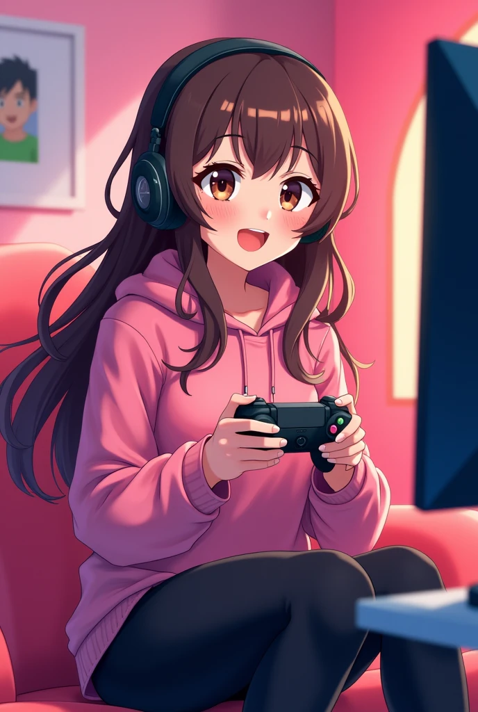 Anime gamer girl with a taned skin,brown hair, brown eyes,a Controllers in is hand,a pink room 
she smile and she wear a pink sweat-shirt and a black Leggings 