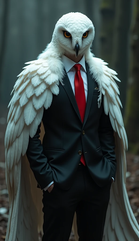 Generates an image of a albino male Demi-human in a black suit and red tie with slit pupils, His suit has some white feathers in the shape of a coat, where owl claws can be seen, 8K