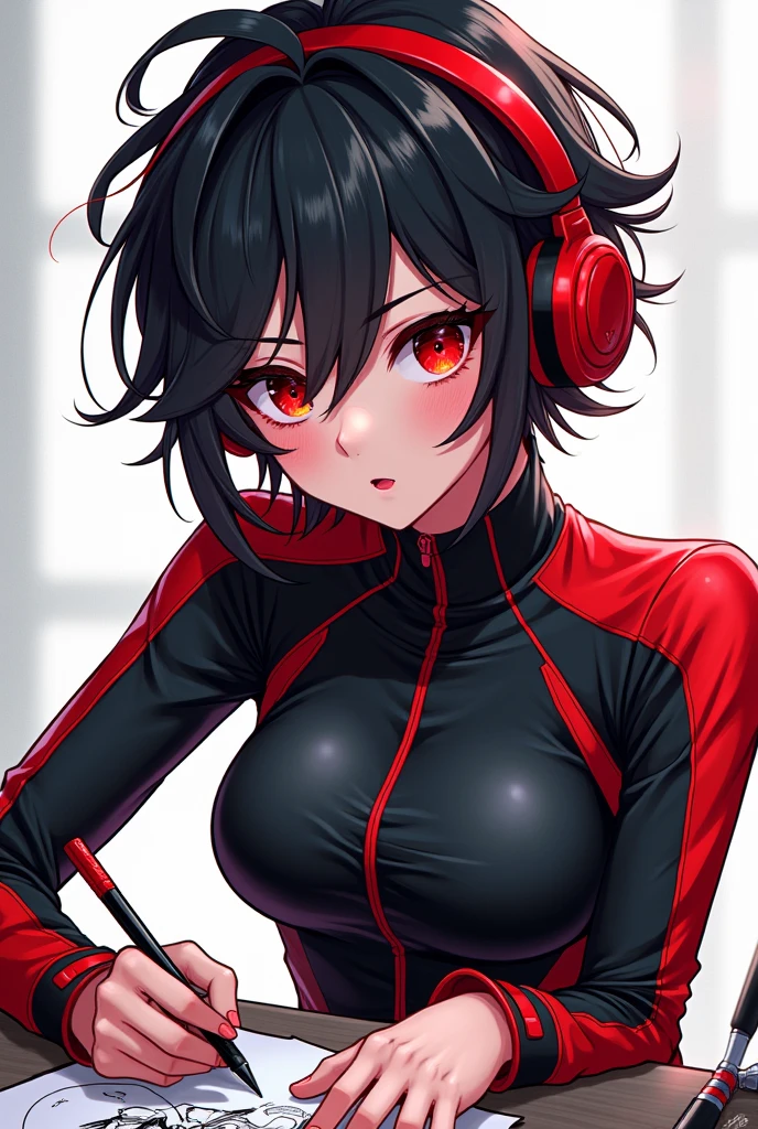 Light skin anime girl, crimson red eyes, short messy black and red hair, black and red gaming headsets, with black and red jumpsuit, that he is drawing the compadretes