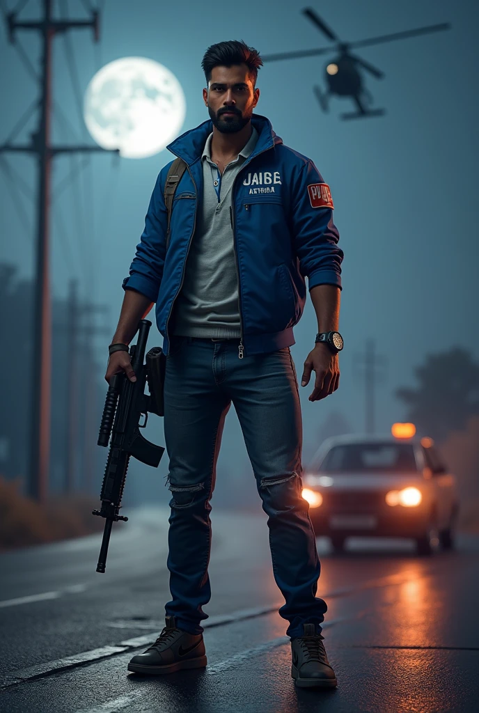 Make a hyper Realistic image a   stand on the road, the character wearing blue jaket and jeans pent , yogesh rathor name on the jaket, moon in the sky, the background is a pubg, car on the road, helicopter in the sky, the character holding m416 gum, and bage  pubg background , and pubg home 