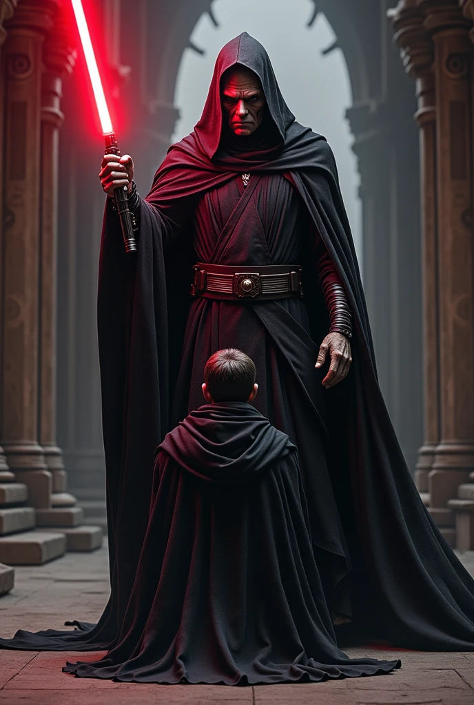 A Sith from Star Wars, thin brown gray skin, Sith crowns his young apprentice with his lightsaber in a temple, black cloak with hood, dark atmosphere, scary, frightening, red lightsaber, ultra realistic