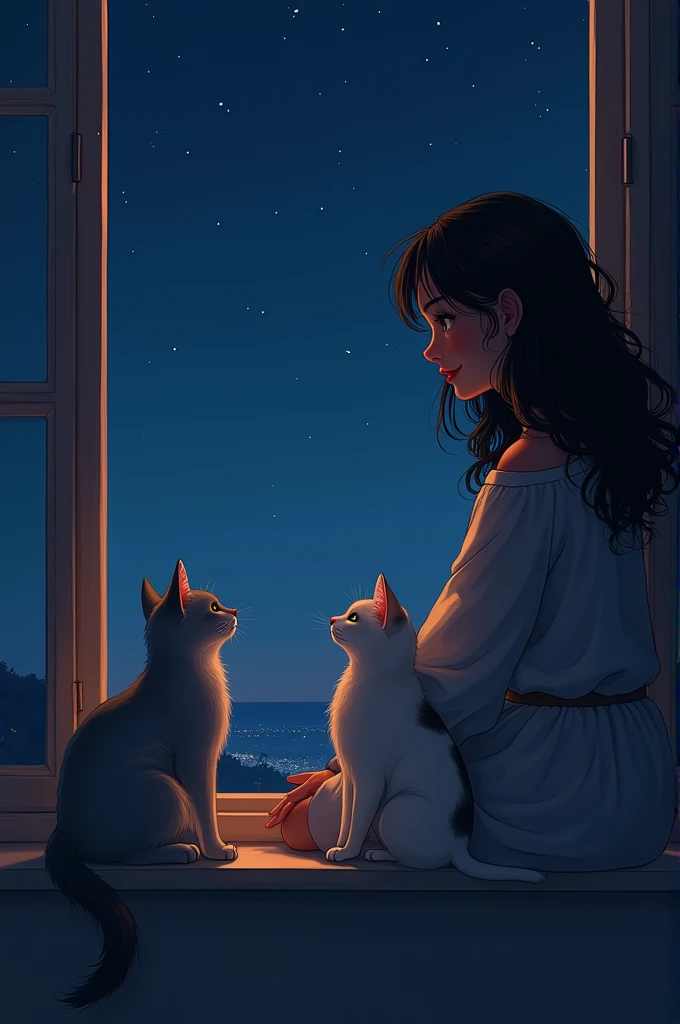 A night scene where a big hair girl sitting on the window side with a grey cat and a white cat and looking on the sky where is full of stars.