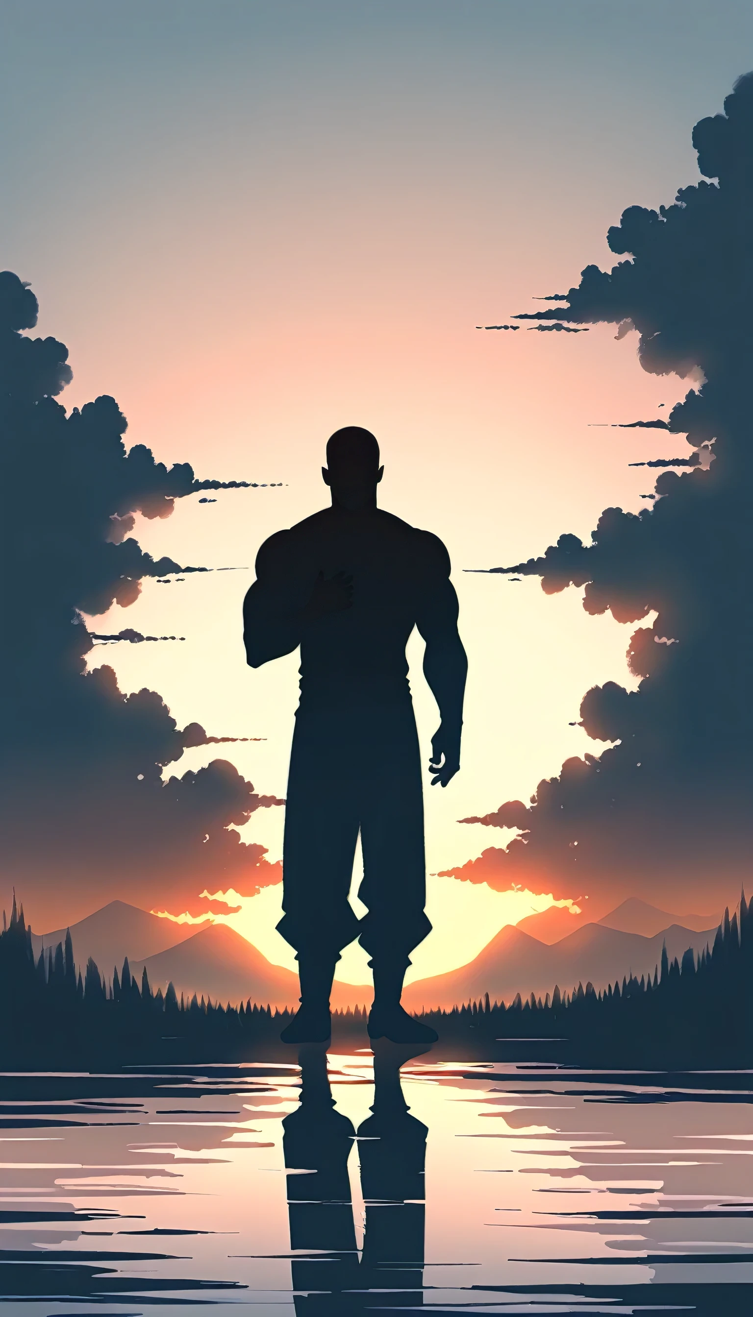 A Strong Buddhist muscular man stands in the smoke, Black jumpsuit, Very tight, Silhouette effect, Tall muscular man, Priapus, Dark Black, Dark black skin, Buzz Cut, His muscles are very developed, Very tall, short hair, Blend into the smoke, Lake, Reflection, Sunset, Sunset, Man silhouette, Chinese, black and white, Simple style