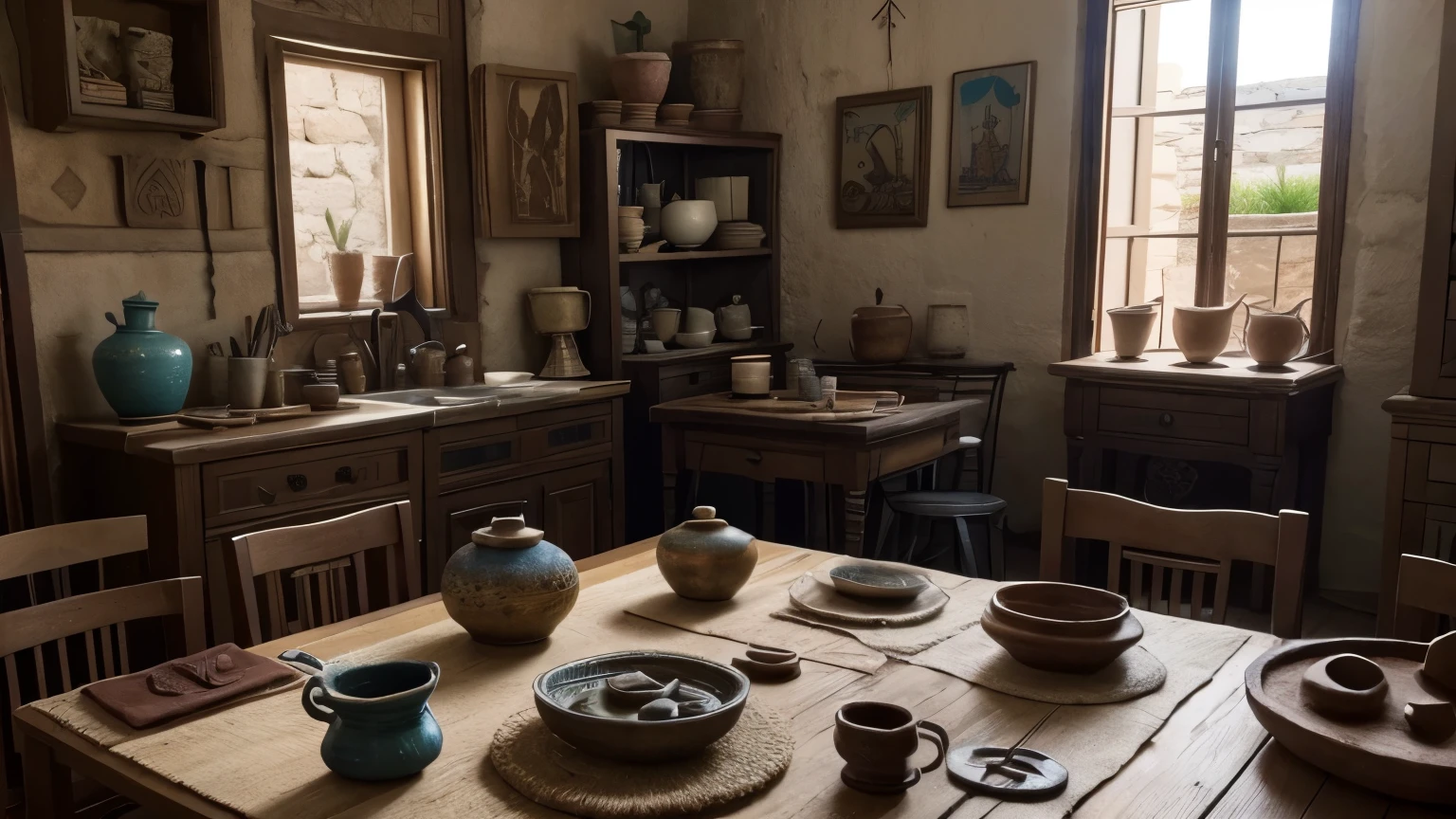 Create a scene showcasing Minoan material culture, with artisans creating exquisite pottery, elaborate jewelry, and bronze sculptures. Show a vibrant [art studio], with details that reflect the aesthetics and functionality of the objects, highlighting the wealth and sophistication of Cretan society.