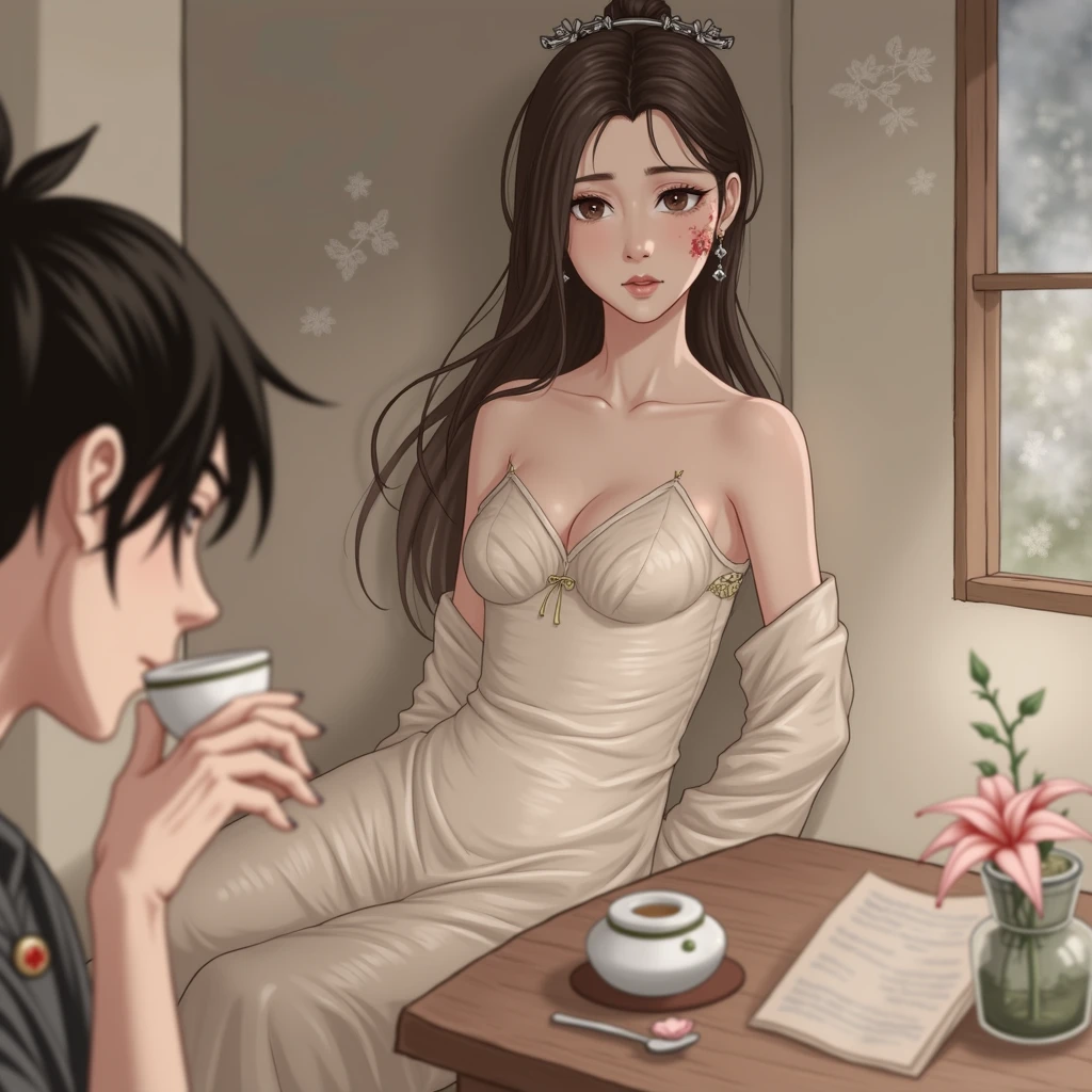 In this scene, a young girl with an injured appearance is seen supporting her body in front of a cottage, while a handsome young man sits at a table in front of the cottage, drinking tea. This scene takes place in ancient China during the Tang Dynasty, and is a setting that creates conflict and interest between the two characters in an atmosphere rich in Chinese literature and culture..