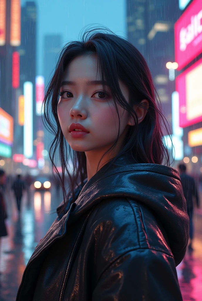 (8k, RAW photo, best quality, masterpiece:1.2), (realistic, photo-realistic:1.37), omertosa, 1girl, (Kpop idol), (aegyo sal:1), cute, cityscape, rain, wet, professional lighting, photon mapping, radiosity, physically-based rendering,,