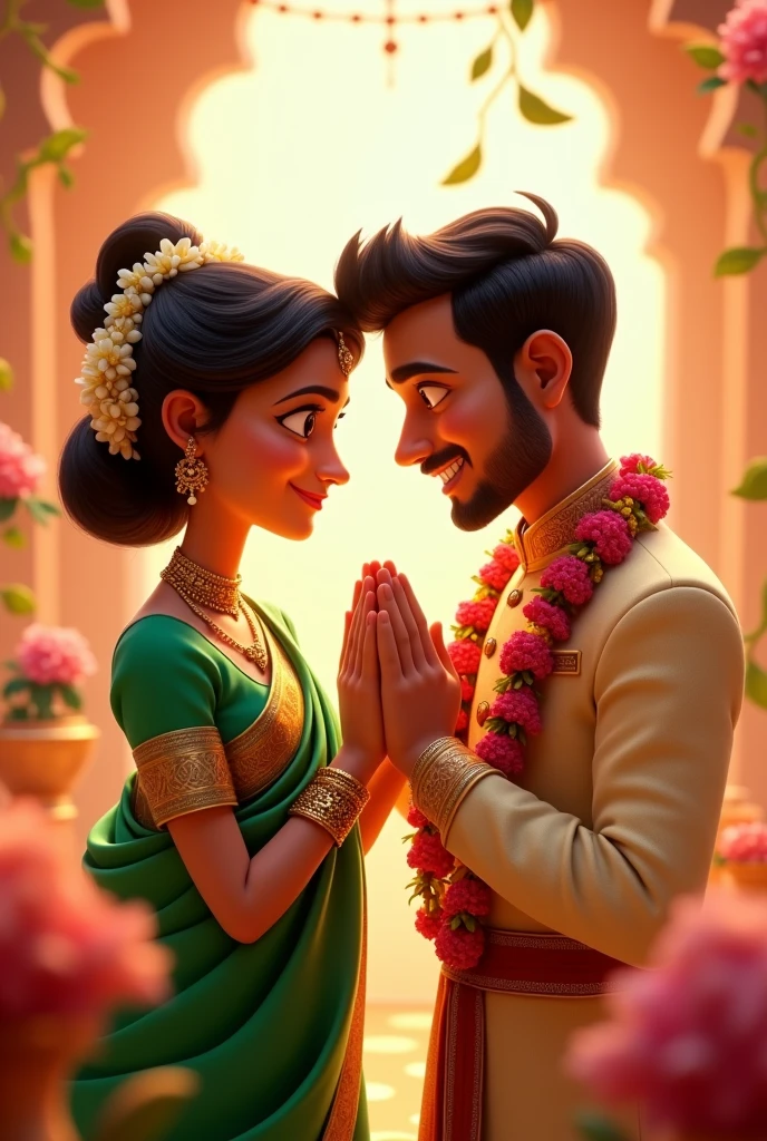 Make two pixar cartoons. They are getting married. Bride is wearing a green saree and hair tied in a bun with heavy jewellery and maharashtrian nose pin with flowers on her bun. A pink rose garla. Groom is wearing sherwani with dhoti. Short hair and with same garland. He is applying sindoor on brides head.They sre standing with prayer folded hands towards each oth. Make it a very spiritual and happy event. Make them a little more mature. Groom has a stubble. Bride is fair with dimples.