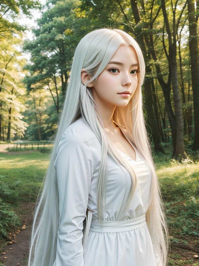 "Generate an anime-style profile picture of a girl with long, flowing white hair, set against a natural background such as a park or forest, with a serene and peaceful atmosphere."