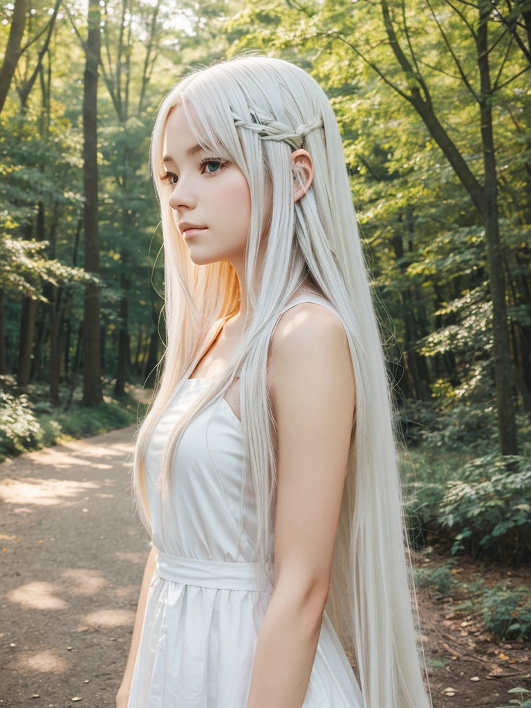 "Generate an anime-style profile picture of a girl with long, flowing white hair, set against a natural background such as a park or forest, with a serene and peaceful atmosphere."