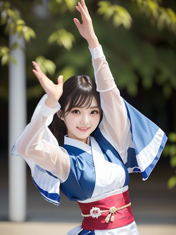 Photo-realistic quality、A 20-year-old Japanese woman dancing the Awa Odori dance、Traditional Bon Odori costumes based on white, White Arms、 White traditional costume, Japanese model, Cute playful pose of the dancer,  Beautiful images, Traditional Costume、looking at the camera、Detailed and beautiful eyes、Cute smile、A soft and gentle look