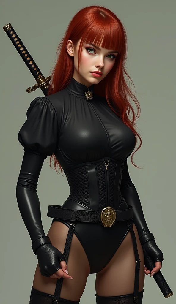 Super realistic, High Detail Face, Clean and delicate face, 1 lady, full body, black high cut leotard, black puff sleeves shirt, Black leather waist belt with accessory case, garter belts, black stockings, black short boots, black gloves, Plain black nurse cap, Reddish long hair, blunt bangs, green eyes, grip the hilt of the Japanese katana with right hand anatomically correctly, glaring at the viewer, simple color background