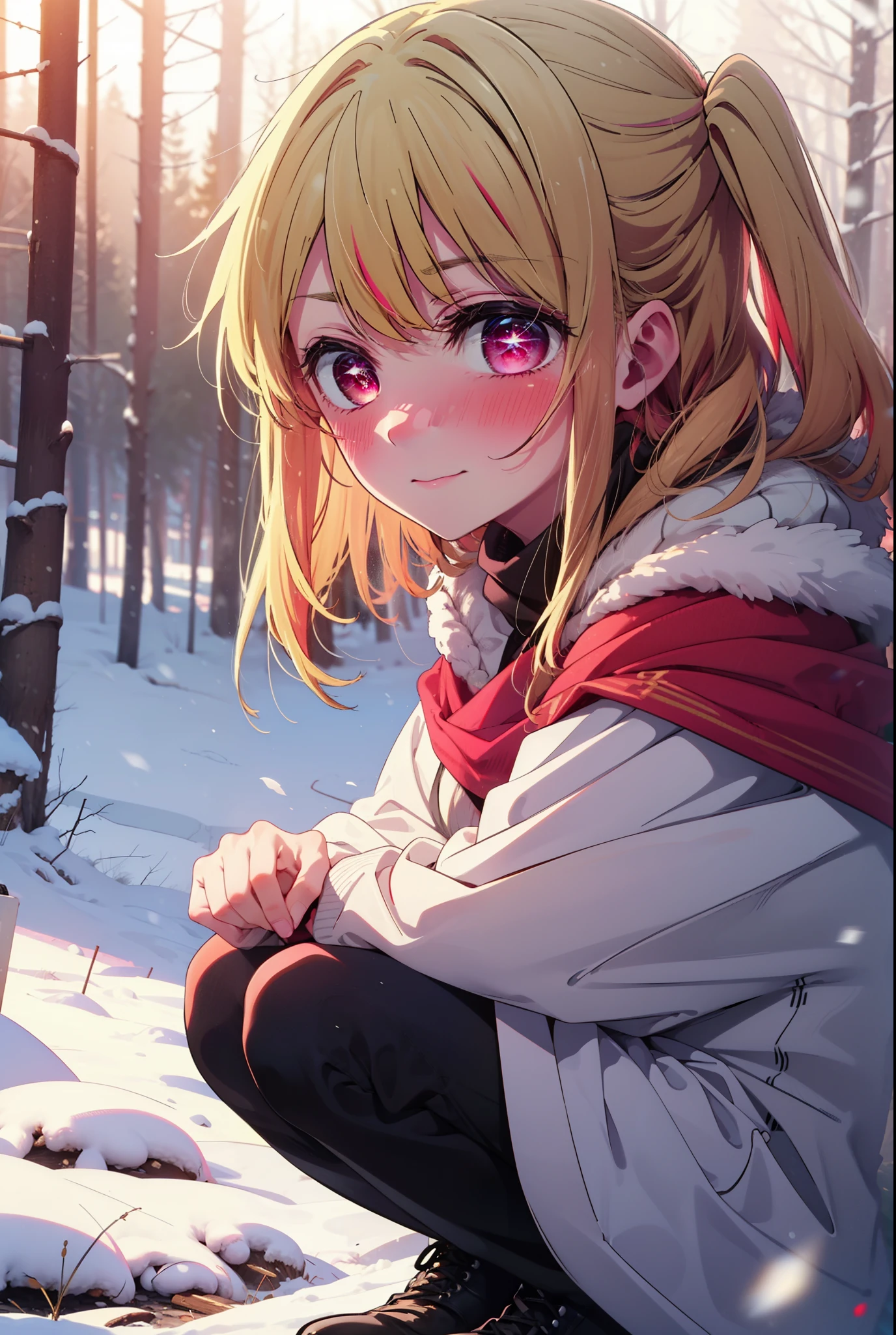 rubyhoshino, Hoshino Ruby, Long Hair, bangs, blonde, (Pink Eyes:1.3), Side Lock, (Symbol-shaped pupil:1.5), Multicolored Hair, Two-tone hair, smile,,smile,blush,white breath,
Open your mouth,snow,Ground bonfire, Outdoor, boots, snowing, From the side, wood, suitcase, Cape, Blurred, , forest, White handbag, nature, Squat, Mouth closed, Cape, winter, Written boundary depth, Black shoes, red Cape break looking at viewer, Upper Body, whole body, break Outdoor, forest, nature, break (masterpiece:1.2), Highest quality, High resolution, unity 8k wallpaper, (shape:0.8), (Beautiful and beautiful eyes:1.6), Highly detailed face, Perfect lighting, Highly detailed CG, (Perfect hands, Perfect Anatomy),