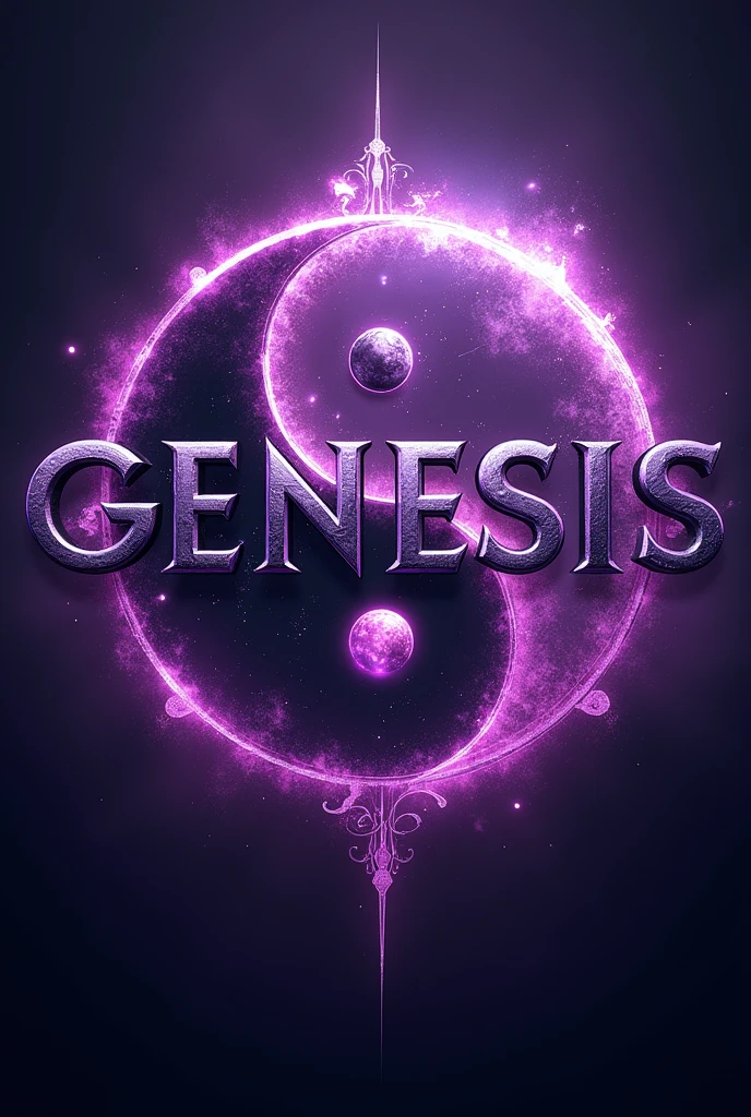 Logotype, movie tittle, said "genesis no armageddon", is a fantasy action adventure logo, violet, ying-yang behind the title
