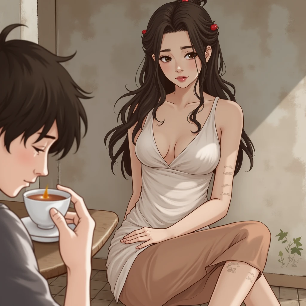 In this scene, a young girl with an injured appearance is seen supporting her body in front of a cottage, while a handsome young man sits at a table in front of the cottage, drinking tea. This scene takes place in ancient China during the Tang Dynasty, and is a setting that creates conflict and interest between the two characters in an atmosphere rich in Chinese literature and culture..