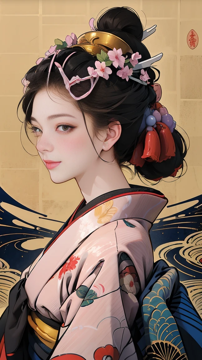 (SeaArt creates stunning digital illustrations of beautiful women in kimono)、A beautiful woman smiles and shows her upper white teeth、Vividly colored digital illustrations reminiscent of Ukiyo-e、Brown-black long hair、Beautiful full body style、If you want to dance, dance along to the Tokyo Ondo, Yoi Yoi、Beautiful new digital paintings,、 Beautiful anime portraits、The background is the shrines and temples of Kyoto、Detailed digital anime art、