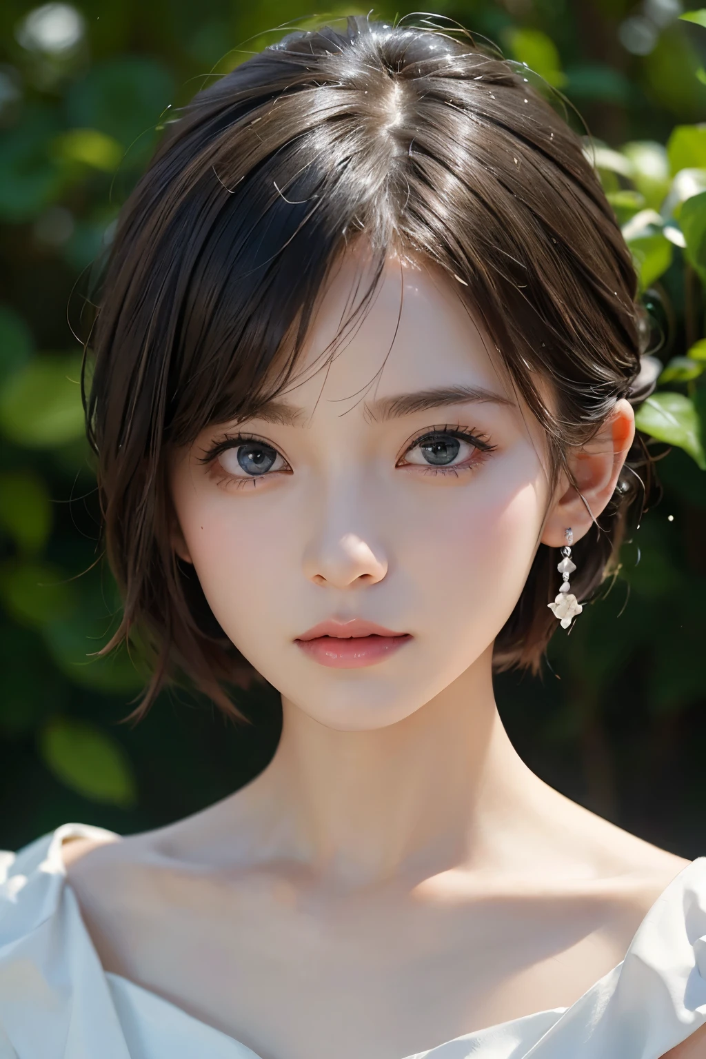 １４age、short hair、grassland、Image from chest up:1.6)、Close-up portrait of a woman wearing a white off-the-shoulder dress and earrings, Soft Portrait Shot 8k, Nice delicate face, High-quality 4K portraits, High-quality portraits, Soft and perfect white skin, 8k highly detailed face, Beautiful delicate face, Beautiful light big eyes, 美しい and realistic face,