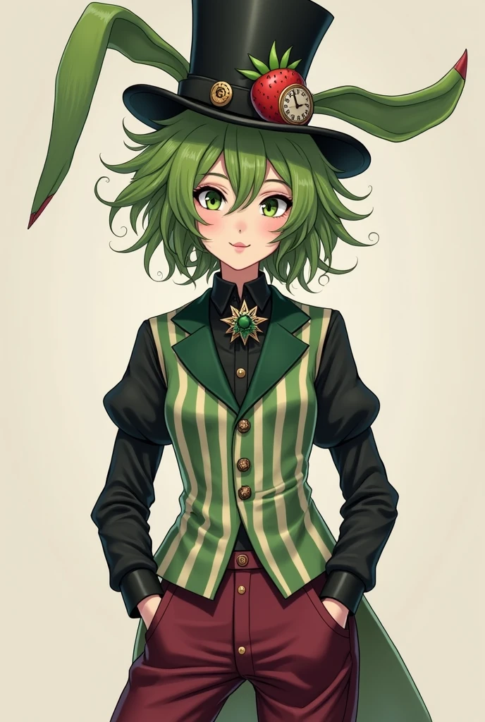 Solo female, Green messy spiky hair, Green rabbit ears, Black top hat with a strawberry on the side and a clock on it, Black shirt, green light green striped vest, Burgundy trousers,dark green brooch