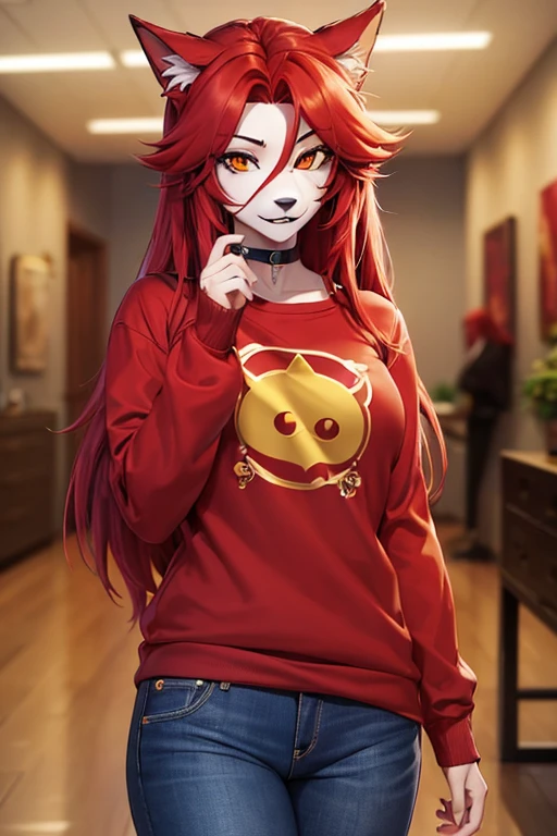(work of art, Maximum quality, best qualityer, offcial art, beautiful and aesthetic:1.2) Uma Furry Loba Gamer, long red hair, Red Skin, gold eyes, wearing a black sweatshirt, Red T-Shirt and Dark Blue Jeans.