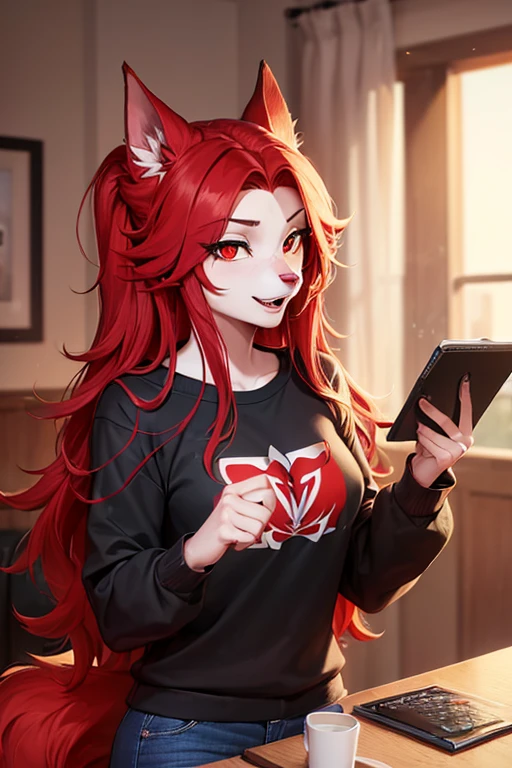 (work of art, Maximum quality, best qualityer, offcial art, beautiful and aesthetic:1.2) Uma Furry Loba Gamer, long red hair, Red Skin, gold eyes, wearing a black sweatshirt, Red T-Shirt and Dark Blue Jeans.