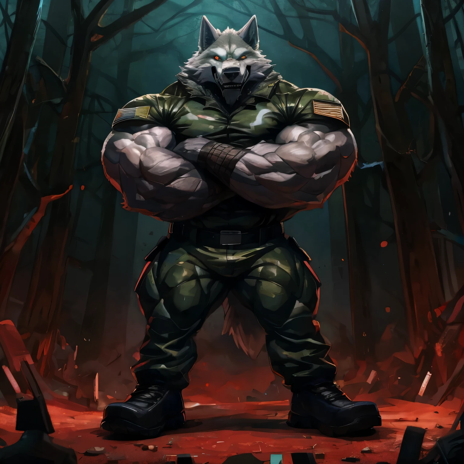 anthropomorphic nightmare wolf, very muscular, creepy, very large, wears a military black camo pant, wears military black shoes, stands in a nightmare, arm crossed