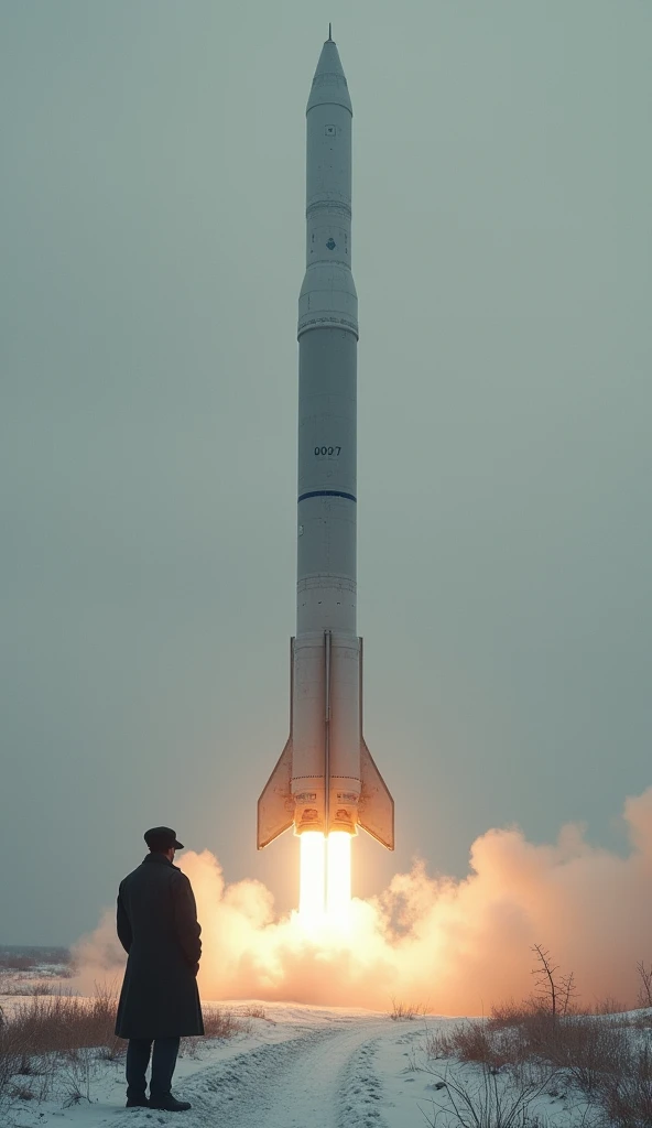 A close-up of the rocket moments before ignition, with a thin wisp of smoke rising from the base. The rocket stands tall against a gray sky, with snow lightly covering the ground. The air feels electric with suspense as the launch is imminent. Robert Goddard is seen at a safe distance, his eyes fixed on the rocket, ready for history to be made."