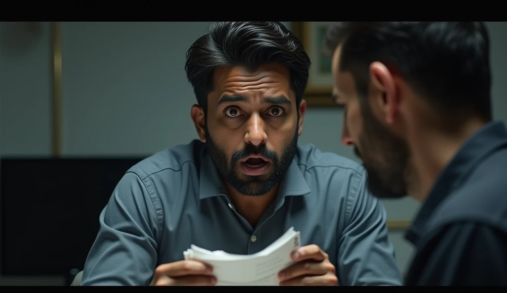 Vijay Receiving Bad News: Capture the moment Vijay receives the news of his layoff, showing his shocked and devastated expression. His boss might be seen handing him a letter, with a sympathetic expression.
