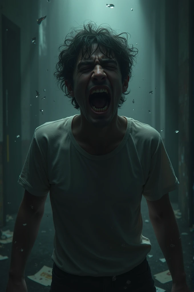 A young man in a dark, disheveled room with flickering lights. He is depicted in a state of horror, with wide eyes and an expression of intense fear. The room’s shadows are thick and eerie, adding to the sense of dread.