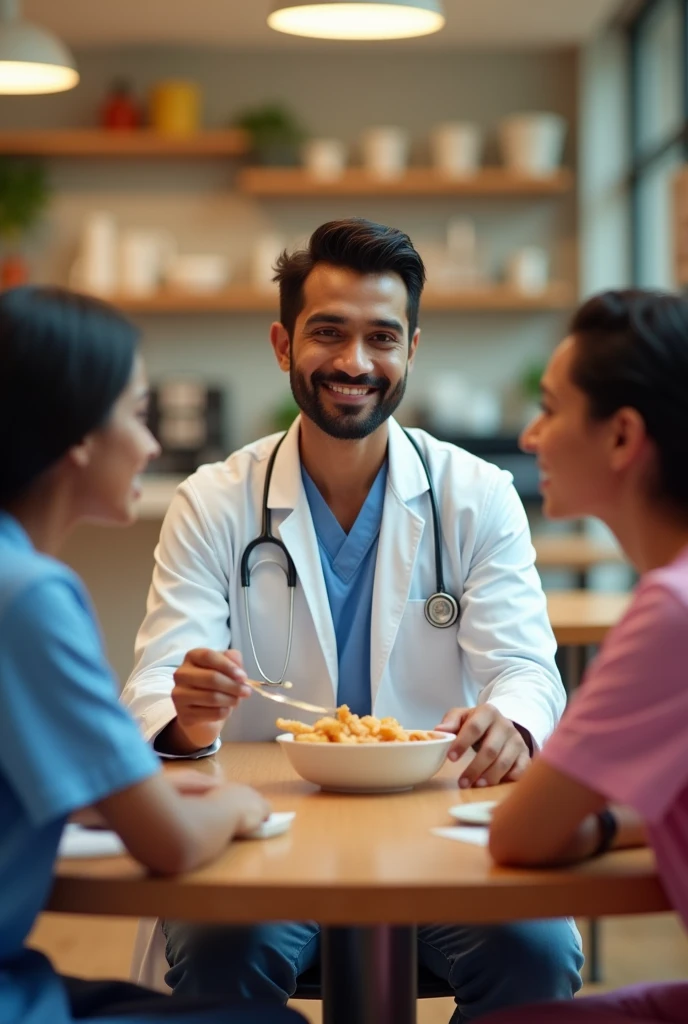 30 years Indian male doctor is eating lunch with the male nurses, female nurses. He is in centre to the table, all are satisfied around to him. They all are smiling. His back side should only displayed. He has light thin beard, good hair style.