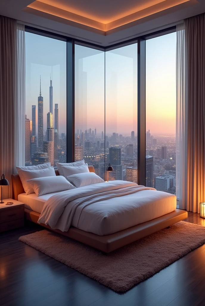 A normal bed in a big building view city