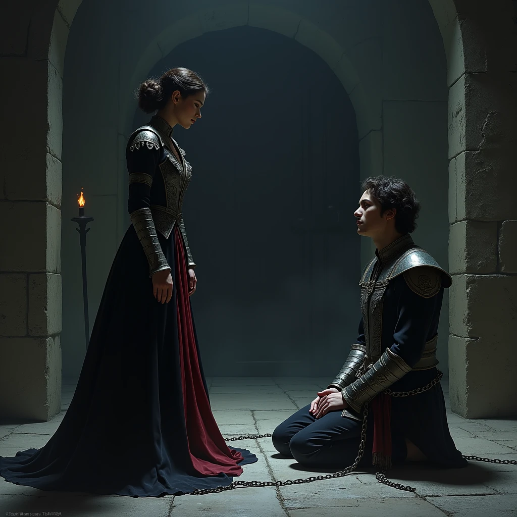 In a dimly lit, cold chamber deep within a dark fantasy palace, Lady Seraphina d’Aurelis stands before the broken rebel leader, Eamon Varis. Eamon, chained and on his knees, gazes up in horror and betrayal as Seraphina, once his trusted confidante, reveals her true, sadistic nature. Her cold, calculating eyes gleam with cruel satisfaction, and her dark gown, adorned with silver and crimson accents, reflects the ominous transformation she has undergone. The chamber is stark, with stone walls and a single flickering torch casting long, eerie shadows. The heavy door behind Eamon, which he believed would lead to freedom, now stands sealed shut. Seraphina’s lips curl into a mocking smile as she prepares to unleash her final, torturous methods on the broken rebel. The scene is tense and foreboding, capturing the moment of ultimate betrayal and the dark pleasure Seraphina derives from her sadistic work. The depiction should be in a realistic, dark fantasy style, emphasizing the emotional intensity and sinister atmosphere of the moment