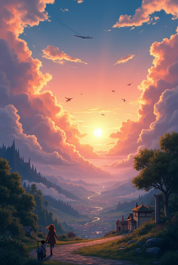 (3D:0.5,realistic:0.5,photorealistic:0.5),(absurdres,Super-resolution,masterpiece,best quality,finely detailed,absurdres:1.2), dramatic light, dramatic illumination, cinematic, anime scenery, makoto shinkai, ghibli, fantasy world, magical, beautiful sky, clouds, building, bikes, airplane trail, birds, dramatic lighting, cinematic lighting, sunset, warm sunset, warm sun, street, depth of field, lens flare,