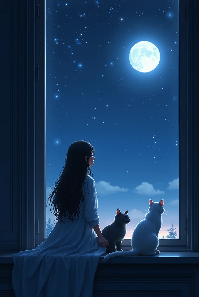A night scene where a long hair girl sitting on the window side with a grey cat and a white cat and looking on the sky where is full of stars and a moon