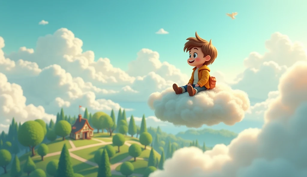 Whe max the  was flying with balloons over the sky Soon, he found himself sitting on a fluffy cloud. “What a view!” he said, looking down at the tiny park below.Max realizing it’s time to go home, looking worried]**  