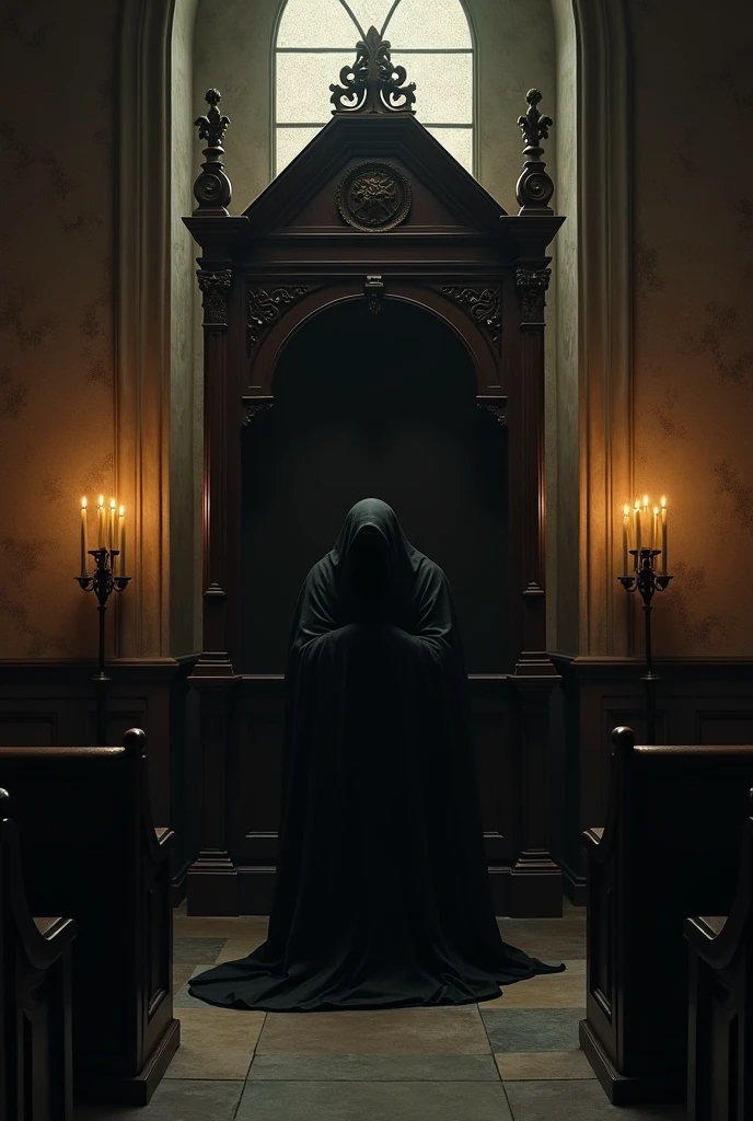 . **Confessional Booth:** A classic church confessional booth with a shadowy figure inside