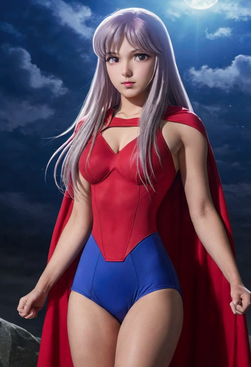 beautiful lighting,best quality,cabelo roxo,absurdrez,master part,ultra highres,photorrealistic, sexy model pose, fotografia de fully body,delicate elegance,fully body, 1 girl, Kido_saori,(usando cosplay da Supergirl, red cloak, S for Superman on chest, blue swimsuit, Red skirt, red boots)