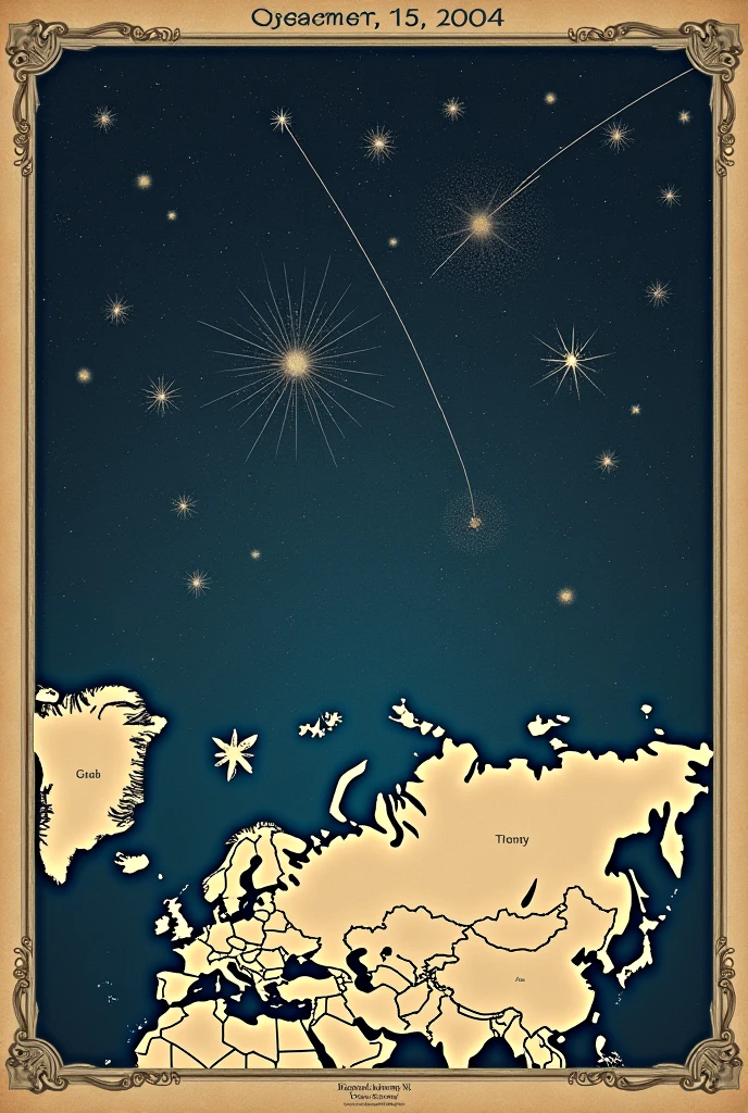 Generate a star /sky constellation map of 15 sep 2004 aesthetic and elegant (printable)
Giving of artistic slightly vintage vibe
Detailed with readable font
Constellation inside rough map of earth (emphasis the star alignment)
Slightly Vintage book style look overall