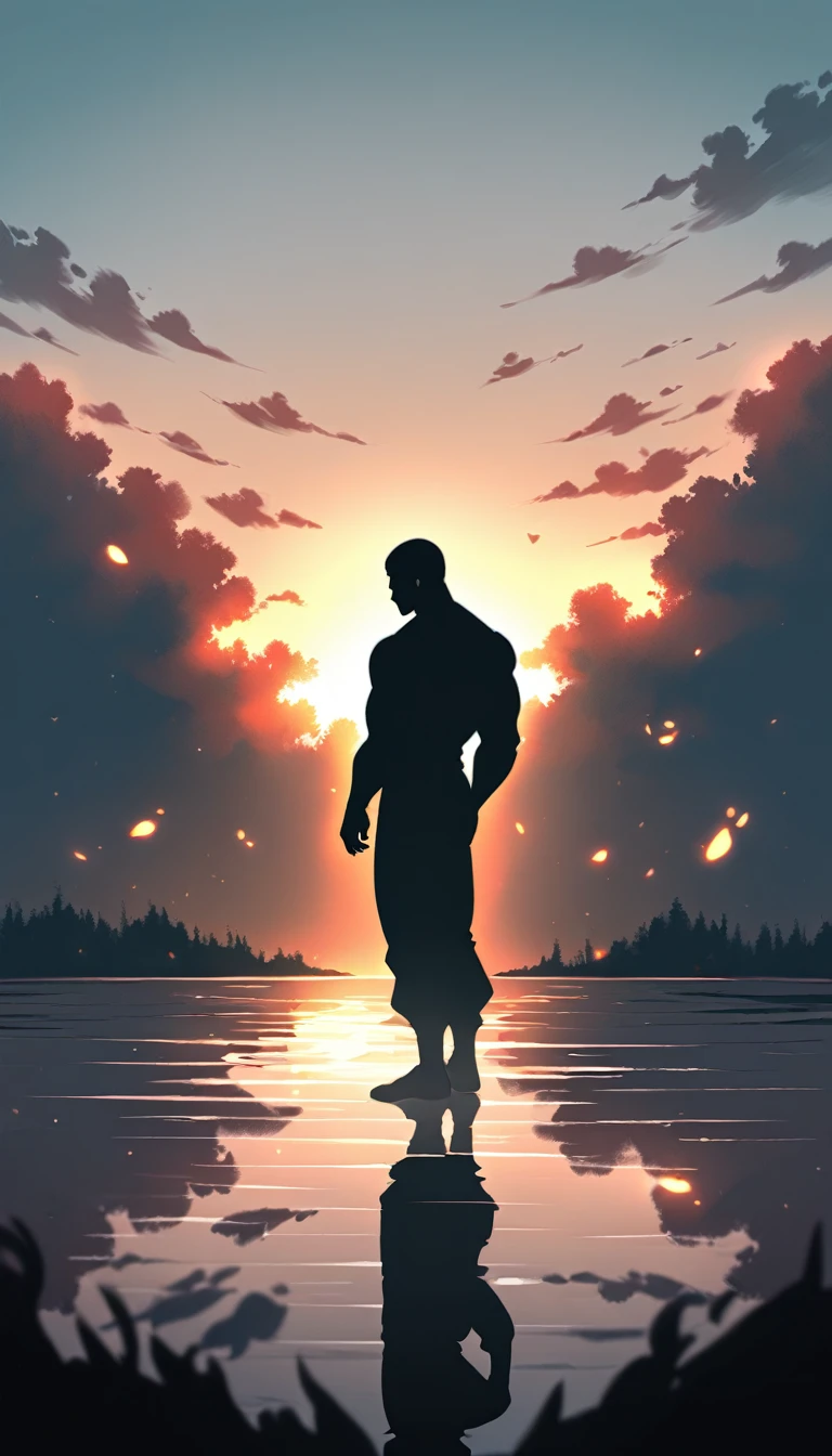 A Strong Buddhist muscular man stands in the smoke, Black jumpsuit, Very tight, Silhouette effect, Tall muscular man, Priapus, Dark Black, Dark black skin, Buzz Cut, His muscles are very developed, Very tall, short hair, Blend into the smoke, Lake, Reflection, Sunset, Sunset, Man silhouette, Chinese, black and white, Simple style