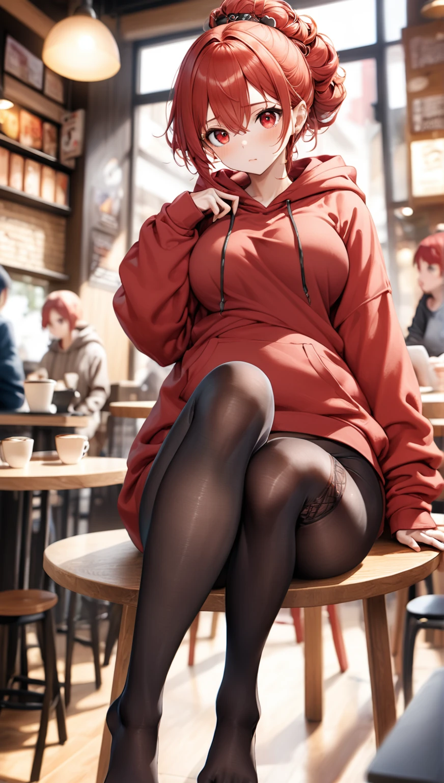 1 person, Redhead, Updo, He has hair growing in streaks on his face., Red eyes, mascara, Oversized hoodie, abdomen, hot pants, tights, laced tights, Sagging under the eyes, Sitting, coffee shop, Ground angle shot, Viewers looking up, feet in tights, Saggy breasts, impact, RAW Photos, 8k, masterpiece,