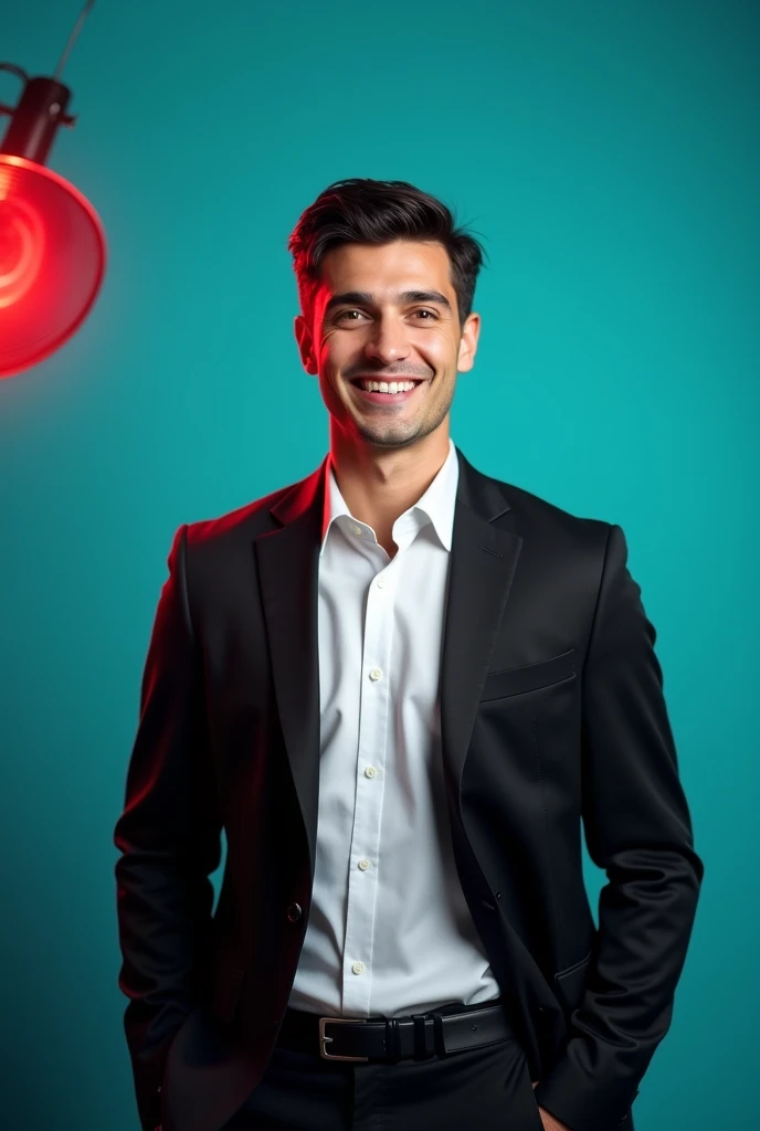 A young man with dark hair and a confident smile. He is dressed in a black blazer over a white shirt. The man is positioned against aqua colour backdrop with a subtle red lighting on the left side, and he posing for Linkedin profile